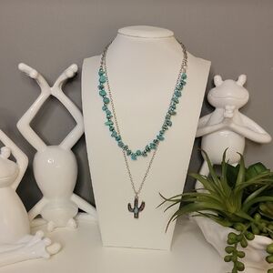 Turquoise Blue Silver Beaded Necklace Set Cactus